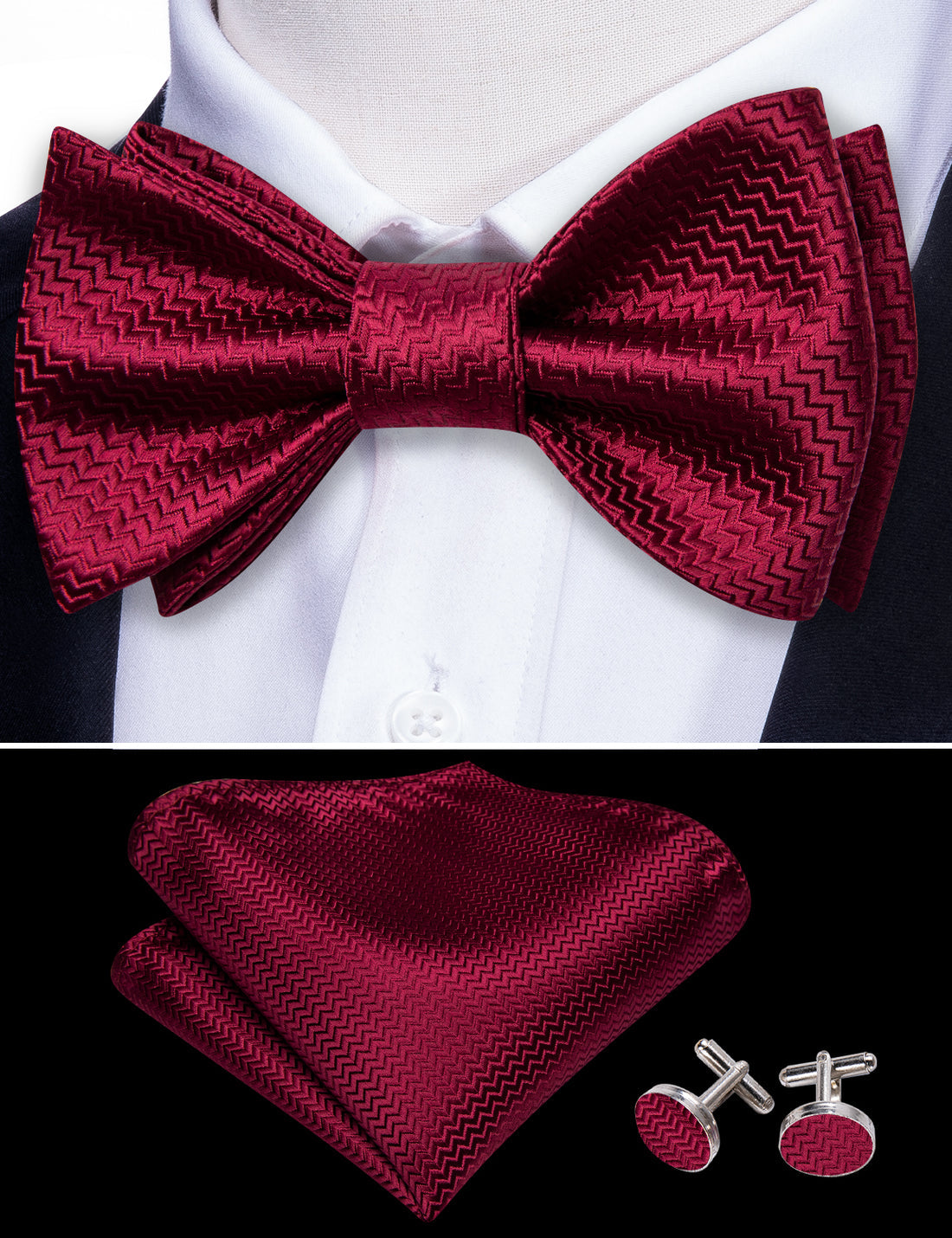 Dark Red Striped Silk Bow Tie Set bow ties - Sophisticated Gentlemen