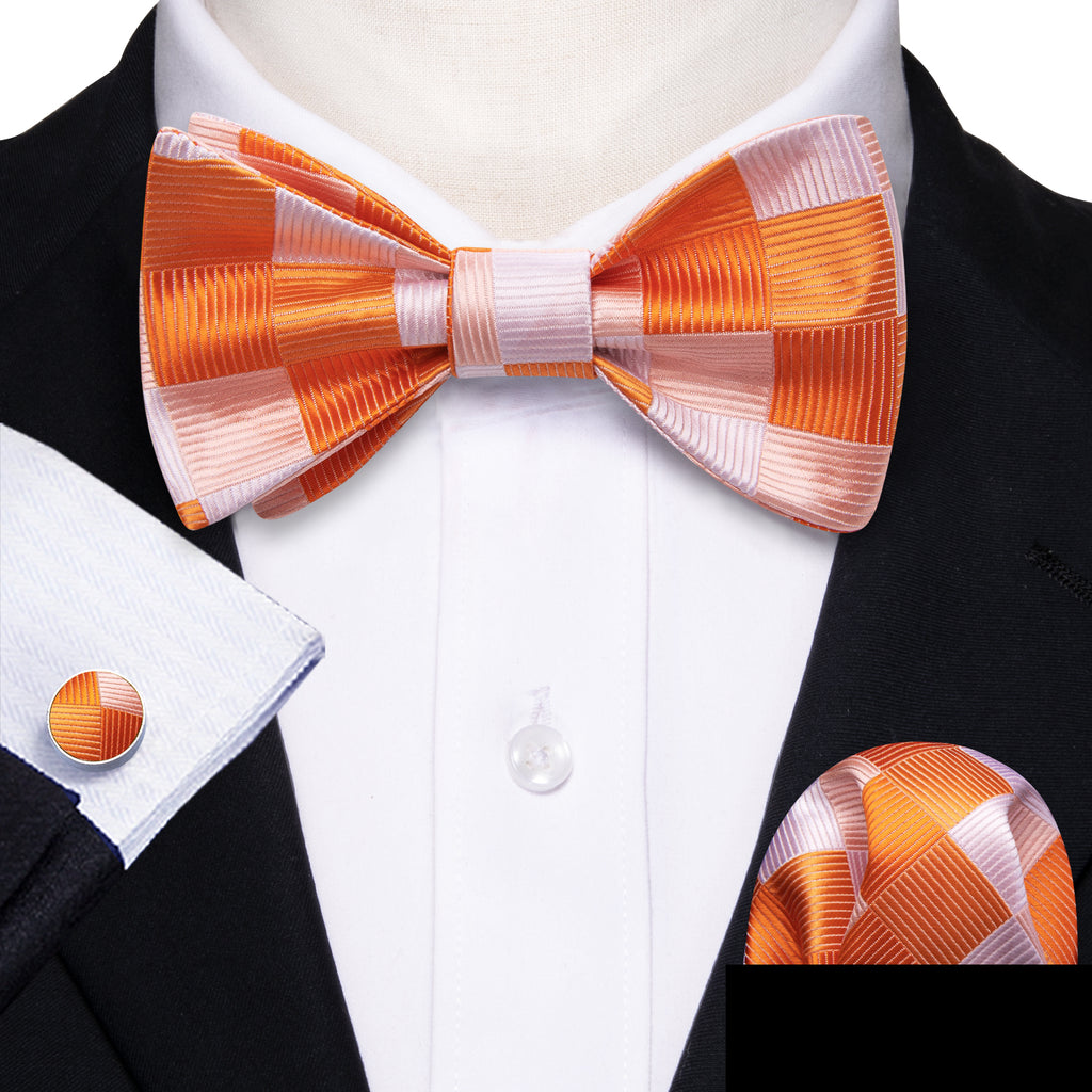 Orange White Plaid Silk Bow Tie Set bow ties - Sophisticated Gentlemen