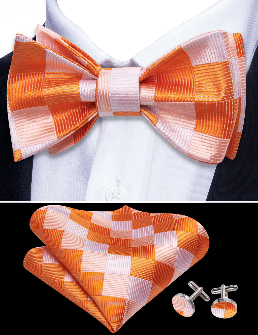 Orange White Plaid Silk Bow Tie Set bow ties - Sophisticated Gentlemen