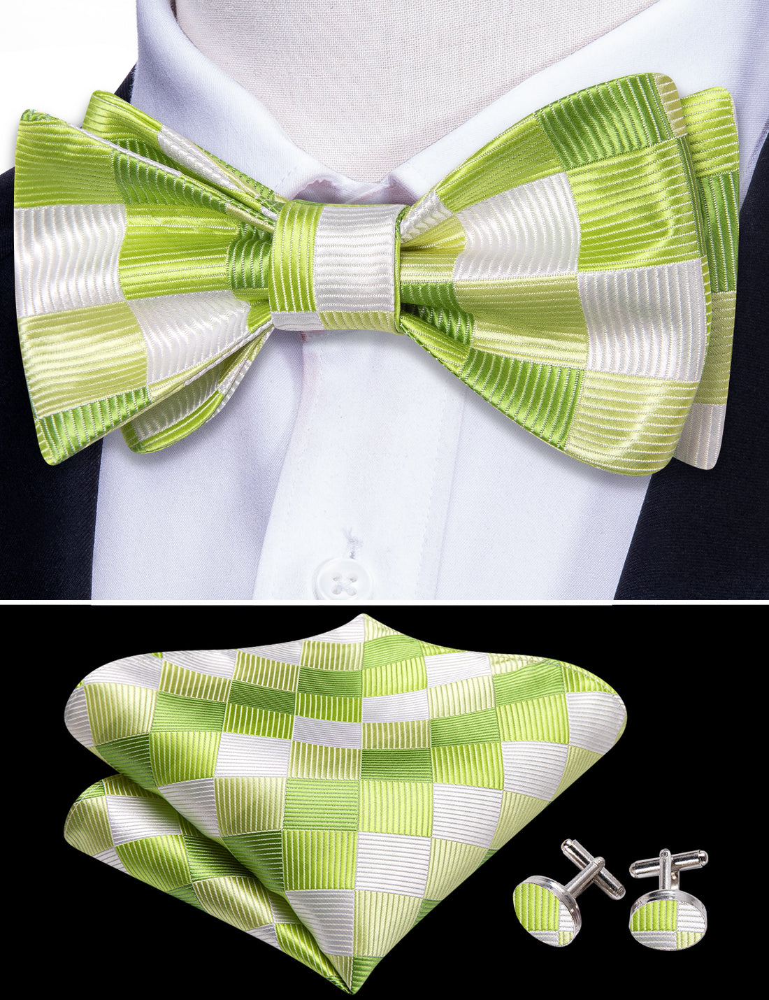 Green White Plaid Silk Bow Tie Set bow ties - Sophisticated Gentlemen