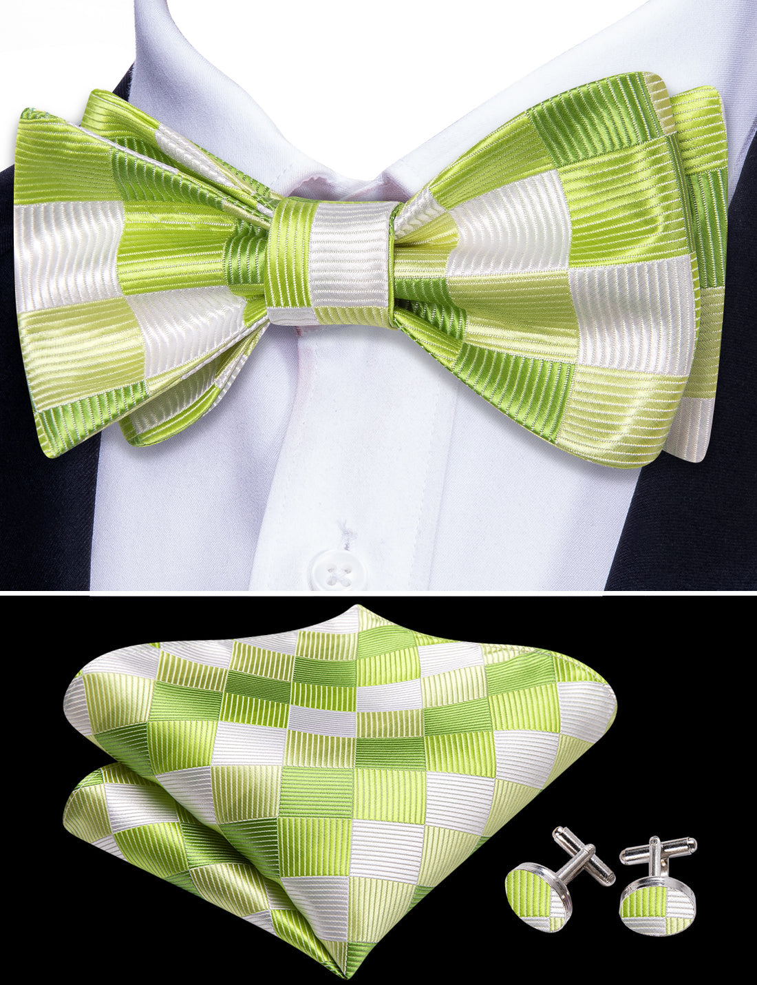 Green White Plaid Silk Bow Tie Set bow ties - Sophisticated Gentlemen