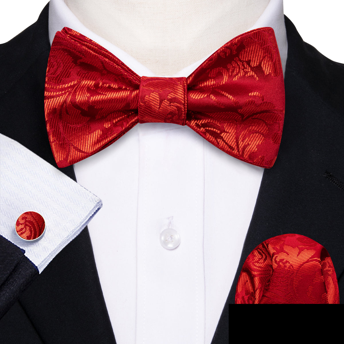 Red Floral Silk Bow Tie Set bow ties - Sophisticated Gentlemen