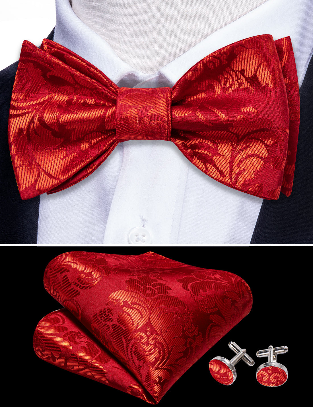 Red Floral Silk Bow Tie Set bow ties - Sophisticated Gentlemen