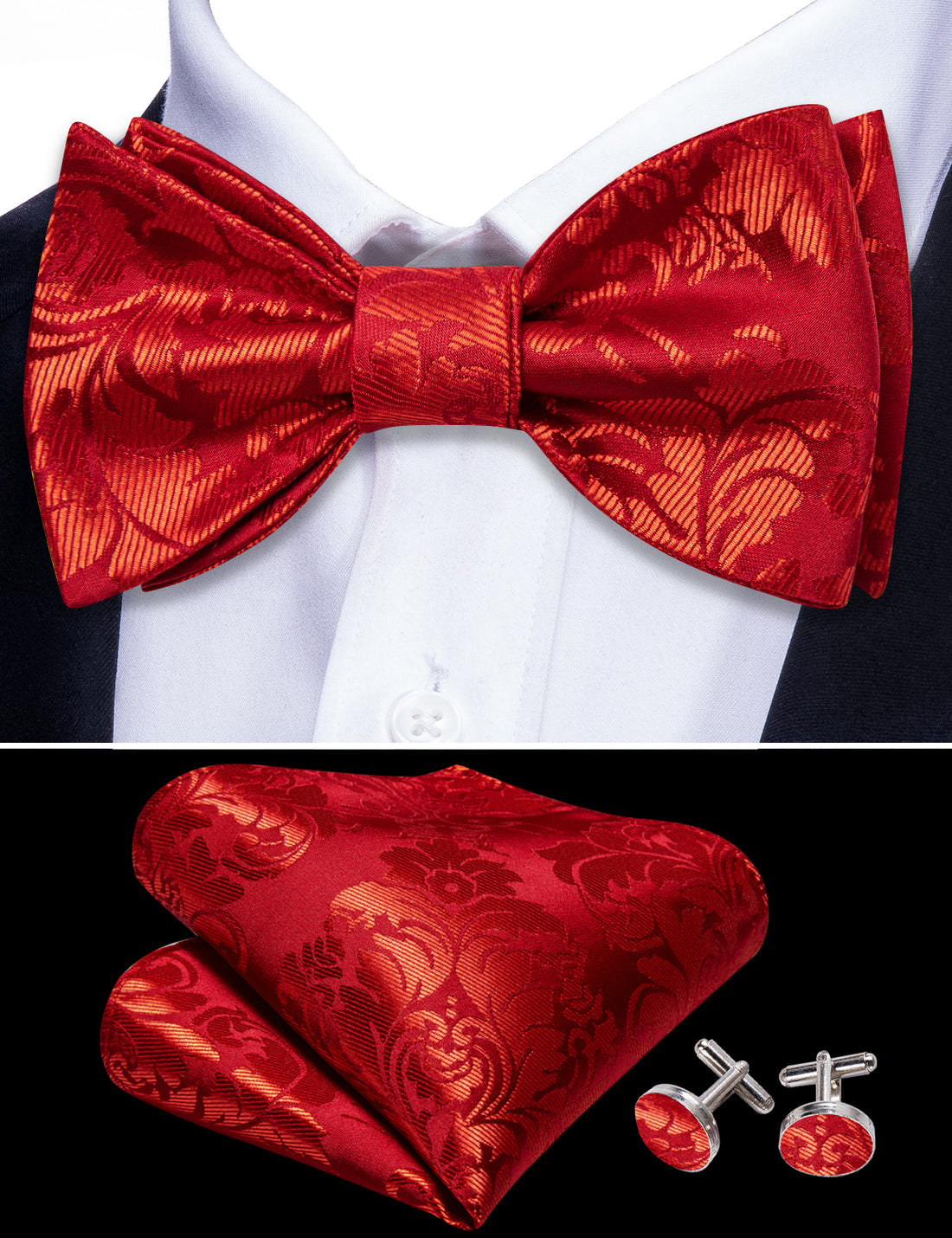 Red Floral Silk Bow Tie Set bow ties - Sophisticated Gentlemen