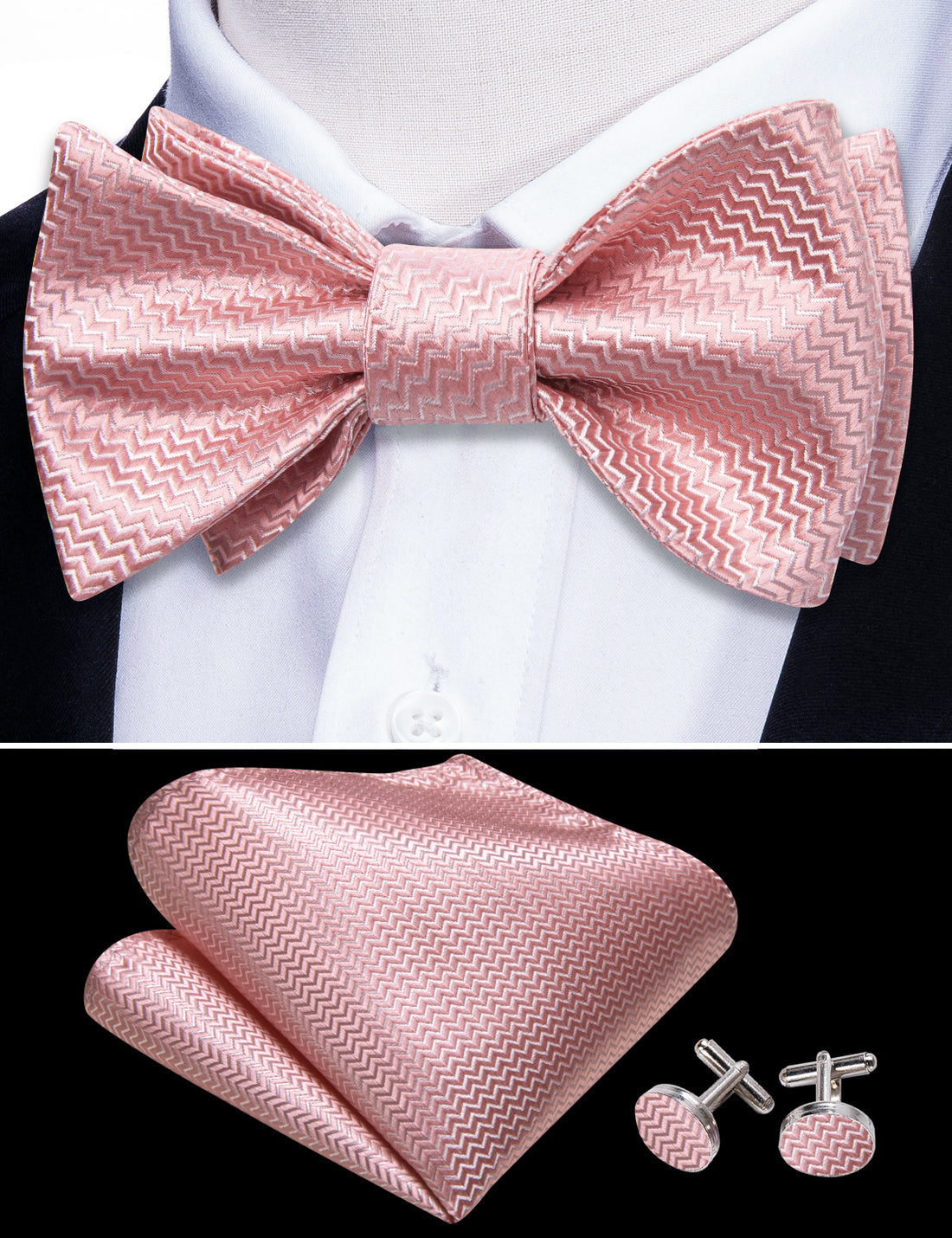 Pink White Striped Silk Bow Tie Set bow ties - Sophisticated Gentlemen