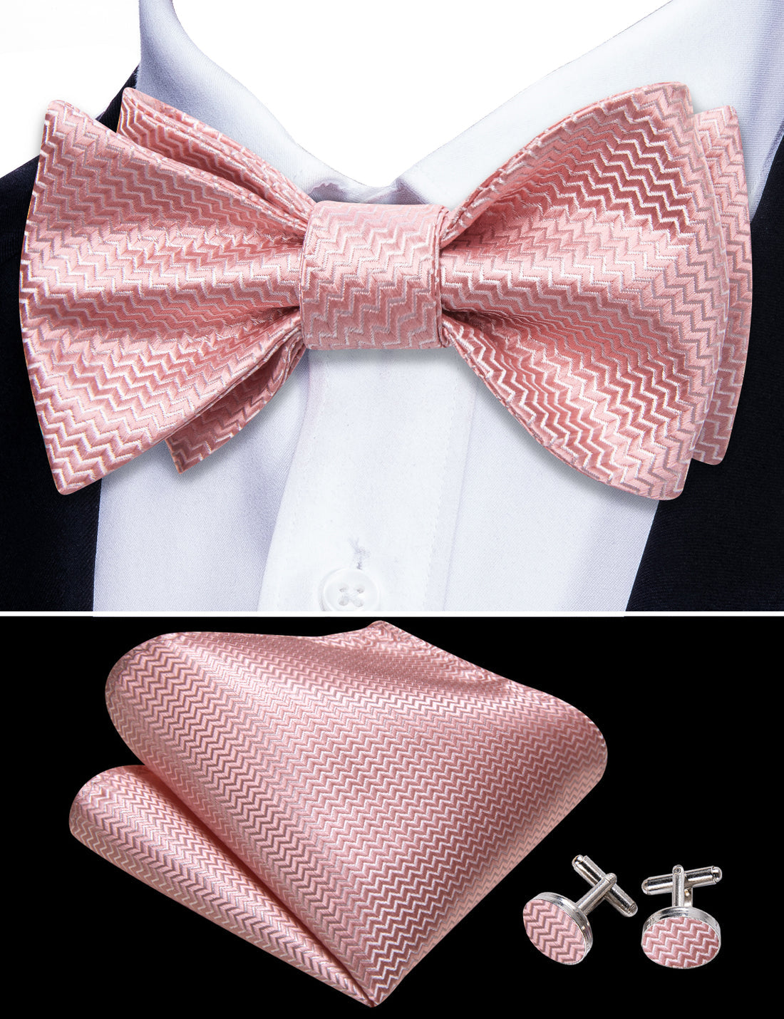 Pink White Striped Silk Bow Tie Set bow ties - Sophisticated Gentlemen