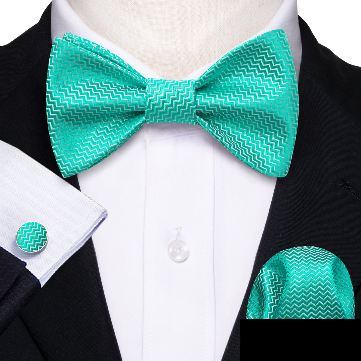 Teal Aqua Striped Silk Bow Tie Set bow ties - Sophisticated Gentlemen