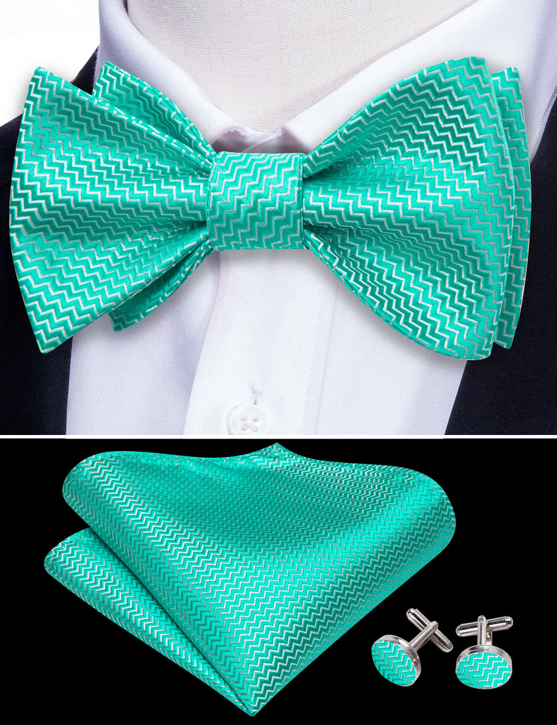 Teal Aqua Striped Silk Bow Tie Set bow ties - Sophisticated Gentlemen