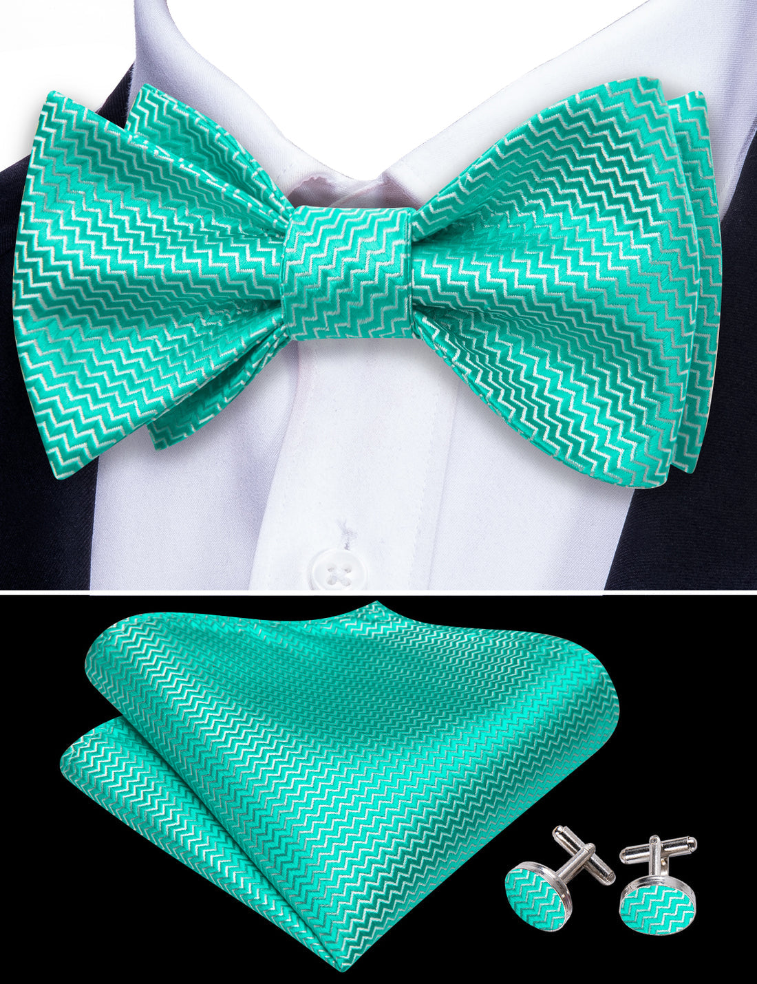 Teal Aqua Striped Silk Bow Tie Set bow ties - Sophisticated Gentlemen