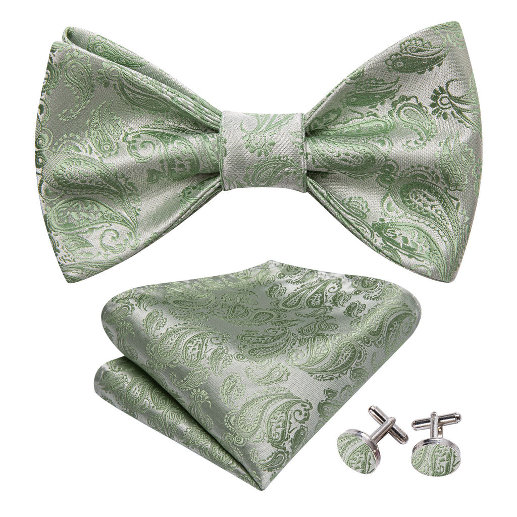 Green Silver Paisley Silk Bow Tie Set bow ties - Sophisticated Gentlemen