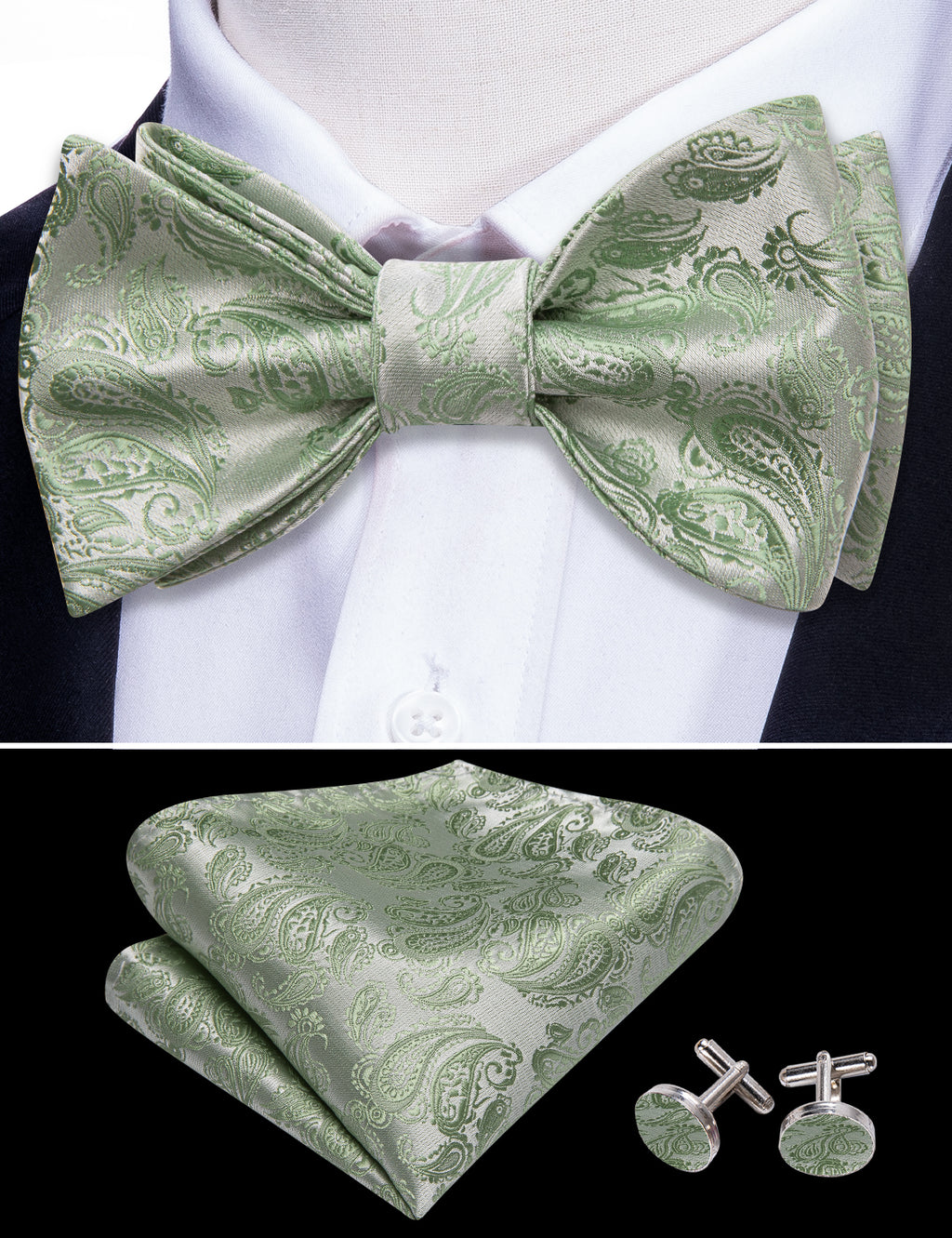 Green Silver Paisley Silk Bow Tie Set bow ties - Sophisticated Gentlemen