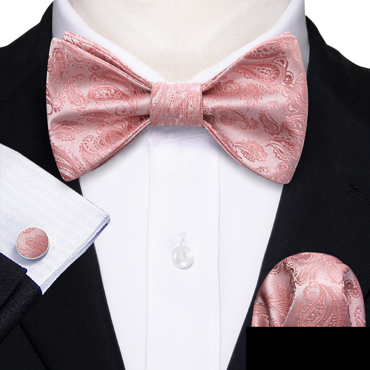Pink Silver Paisley Silk Bow Tie Set bow ties - Sophisticated Gentlemen