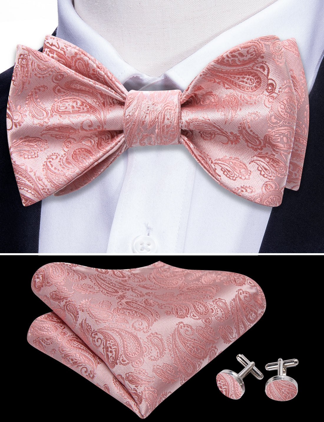 Pink Silver Paisley Silk Bow Tie Set bow ties - Sophisticated Gentlemen