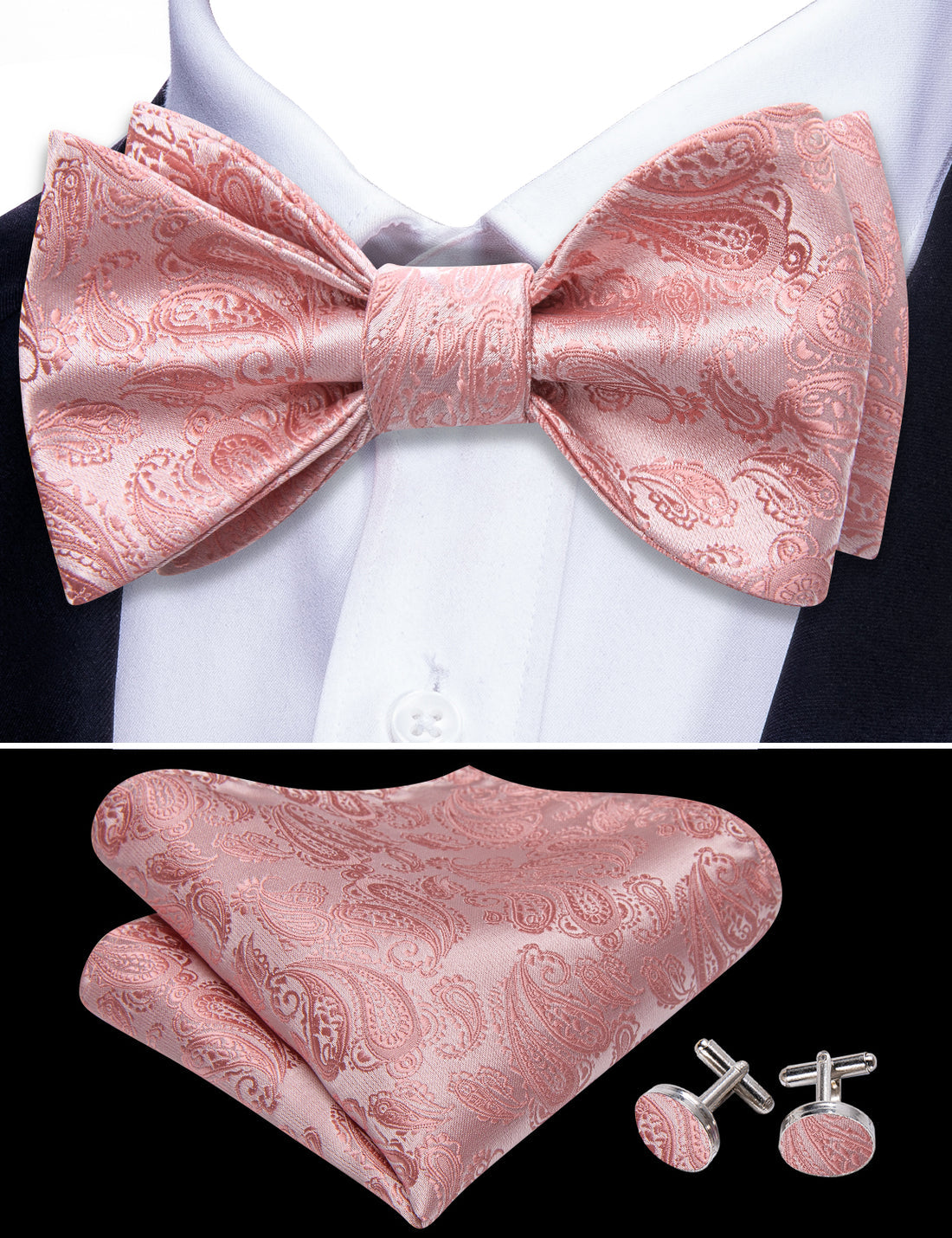 Pink Silver Paisley Silk Bow Tie Set bow ties - Sophisticated Gentlemen