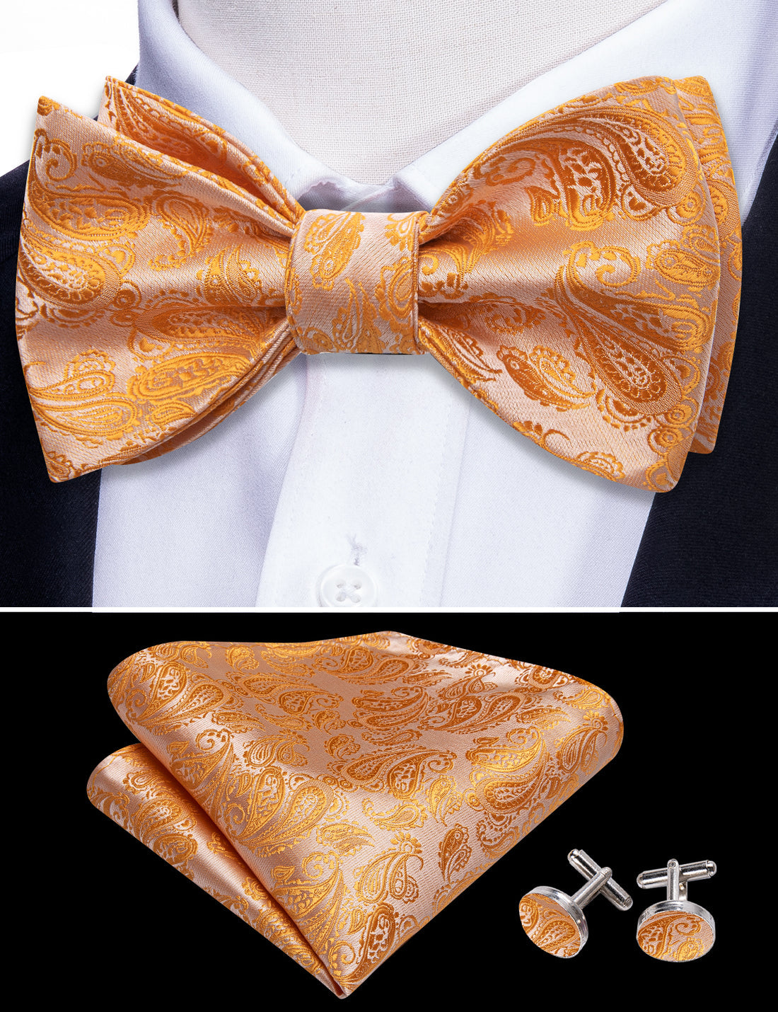 Orange Silver Paisley Bow Tie Set bow ties - Sophisticated Gentlemen