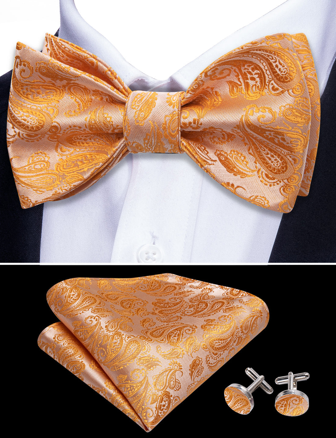 Orange Silver Paisley Bow Tie Set bow ties - Sophisticated Gentlemen