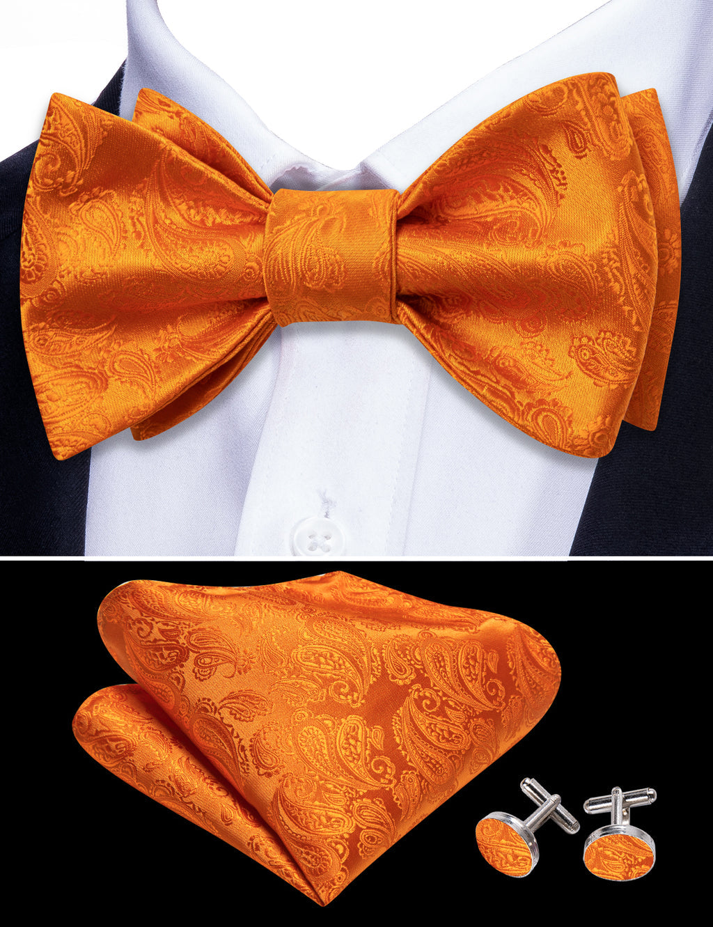 Orange Paisley Silk Bow Tie Set bow ties - Sophisticated Gentlemen