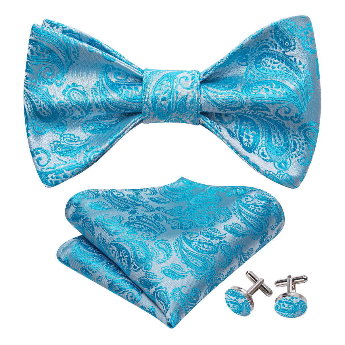 Blue Silver Paisley Silk Bow Tie Set bow ties - Sophisticated Gentlemen