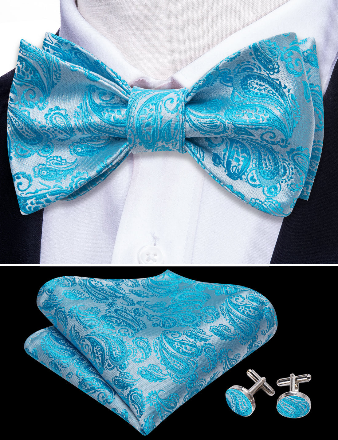 Blue Silver Paisley Silk Bow Tie Set bow ties - Sophisticated Gentlemen