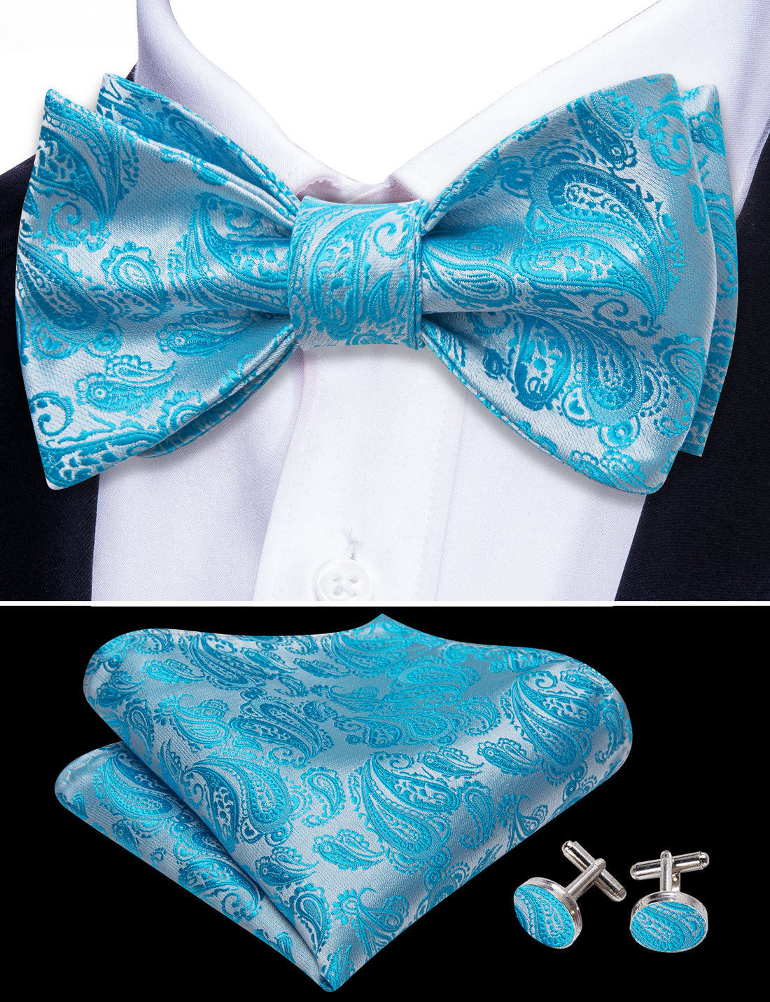 Blue Silver Paisley Silk Bow Tie Set bow ties - Sophisticated Gentlemen