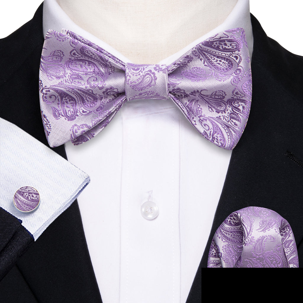 Purple Silver Paisley Silk Bow Tie Set bow ties - Sophisticated Gentlemen