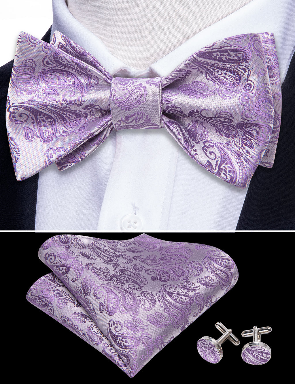Purple Silver Paisley Silk Bow Tie Set bow ties - Sophisticated Gentlemen