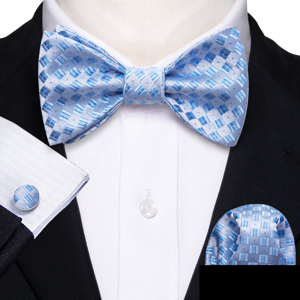 Blue White Plaid Silk Bow Tie Set bow ties - Sophisticated Gentlemen