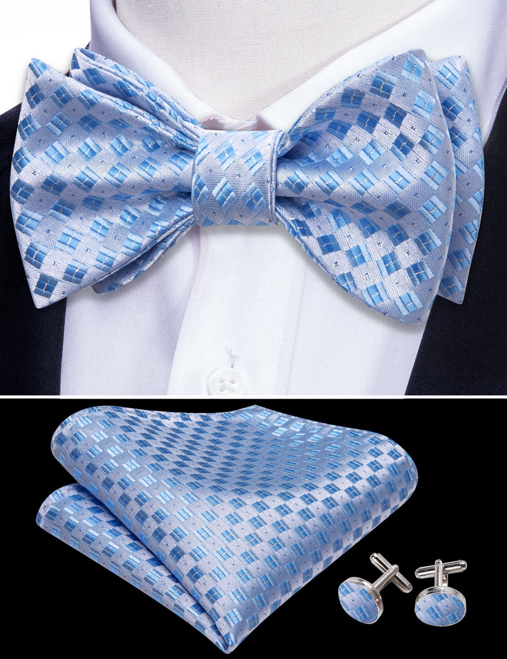 Blue White Plaid Silk Bow Tie Set bow ties - Sophisticated Gentlemen
