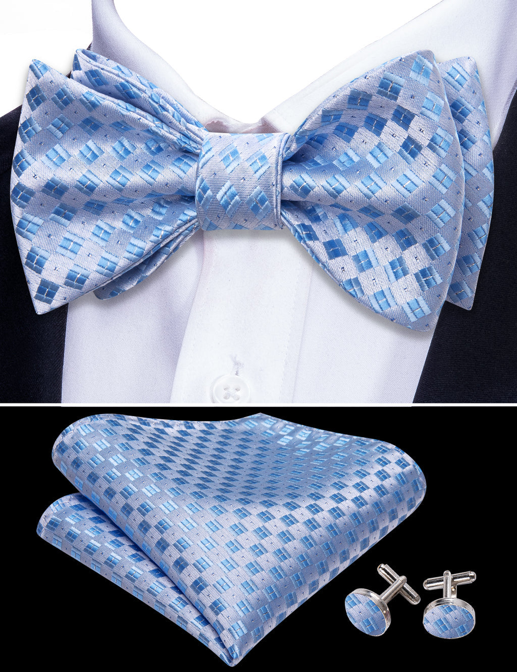 Blue White Plaid Silk Bow Tie Set bow ties - Sophisticated Gentlemen