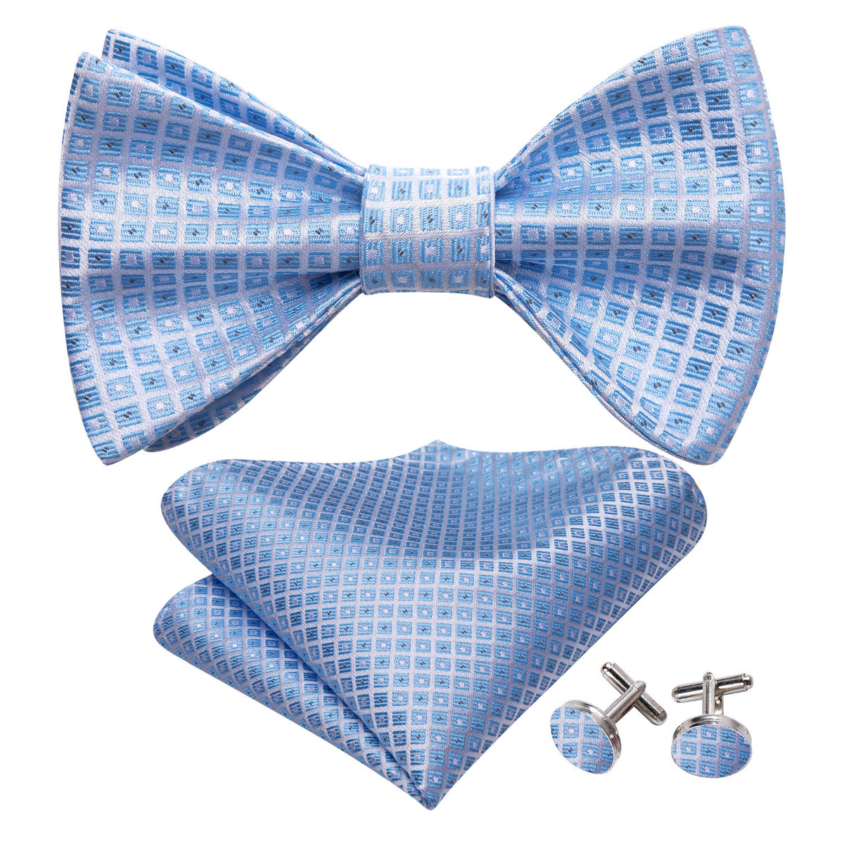 Blue Grey Plaid Silk Bow Tie Set bow ties - Sophisticated Gentlemen