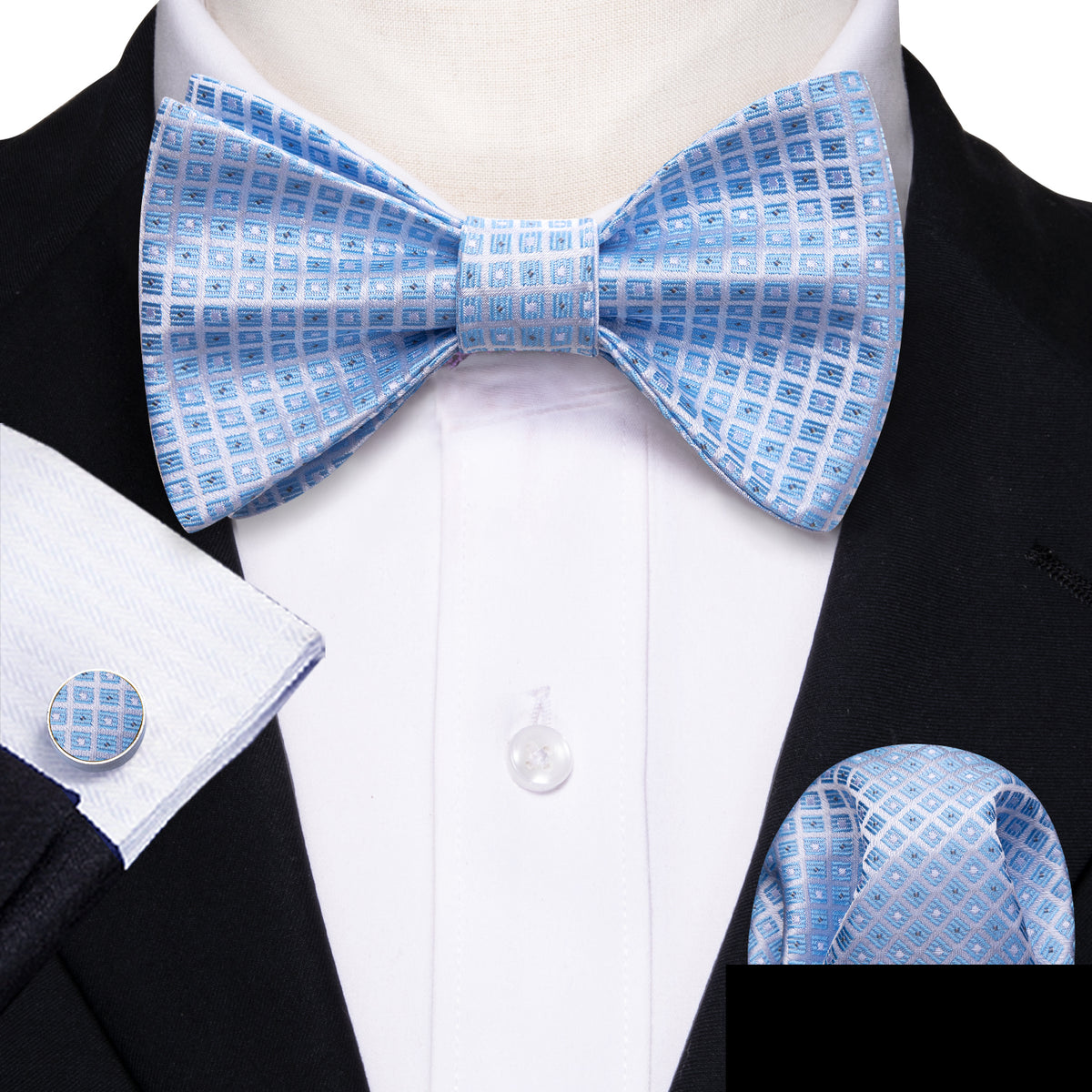 Blue Grey Plaid Silk Bow Tie Set bow ties - Sophisticated Gentlemen