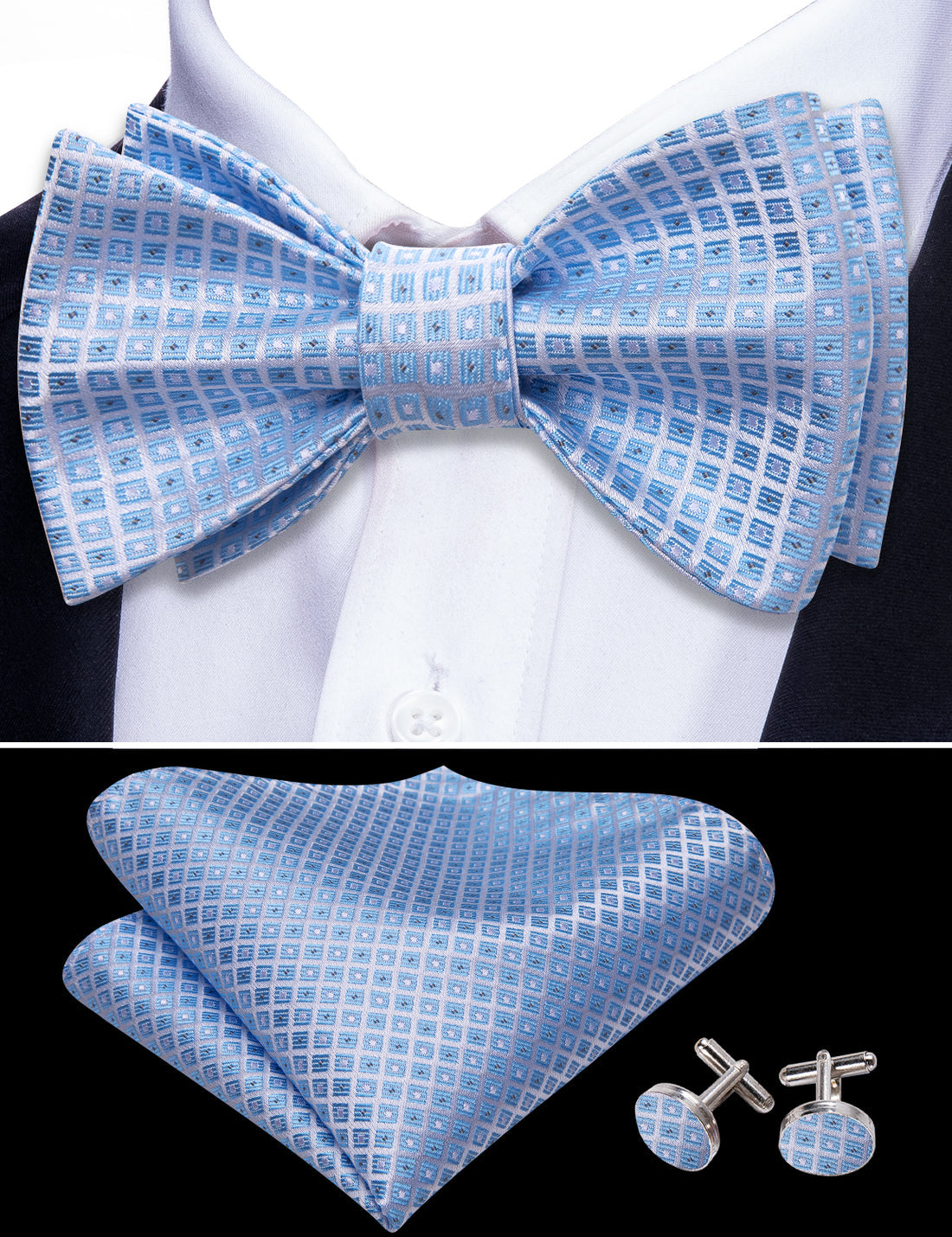 Blue Grey Plaid Silk Bow Tie Set bow ties - Sophisticated Gentlemen