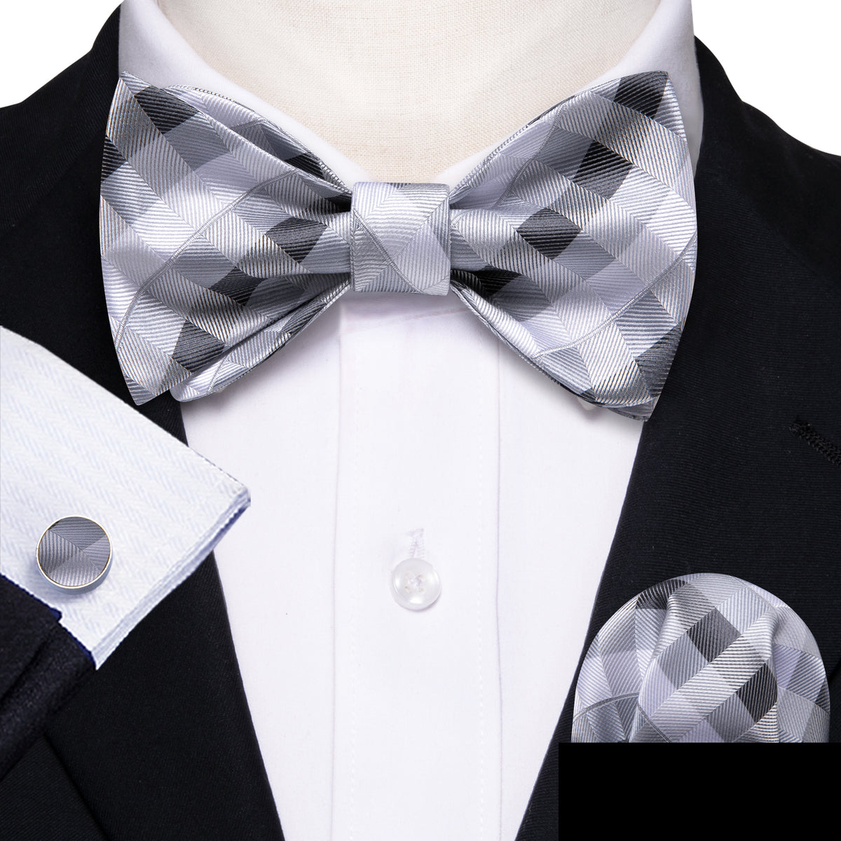 Grey White Plaid Bow Tie Set bow ties - Sophisticated Gentlemen