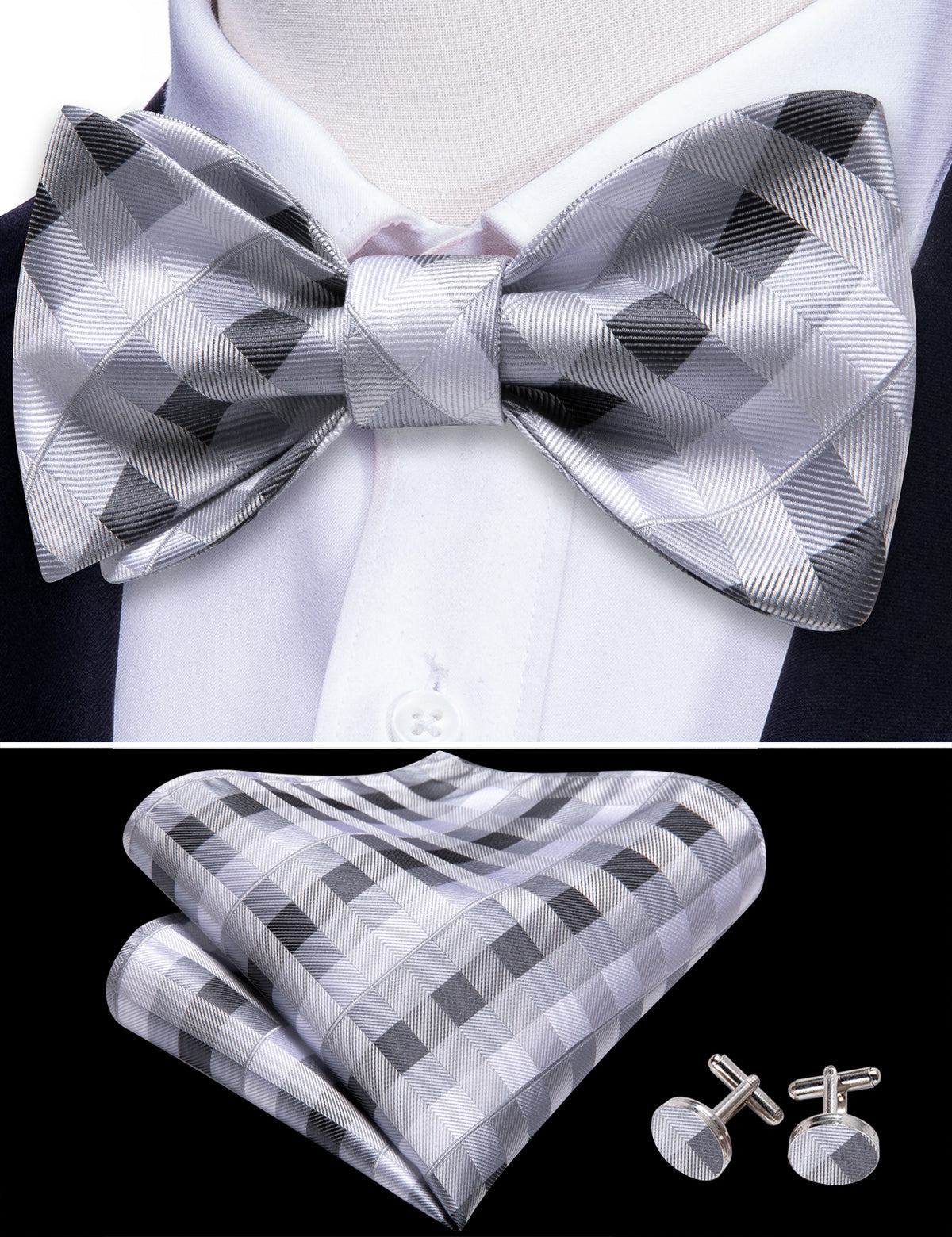 Grey White Plaid Bow Tie Set bow ties - Sophisticated Gentlemen