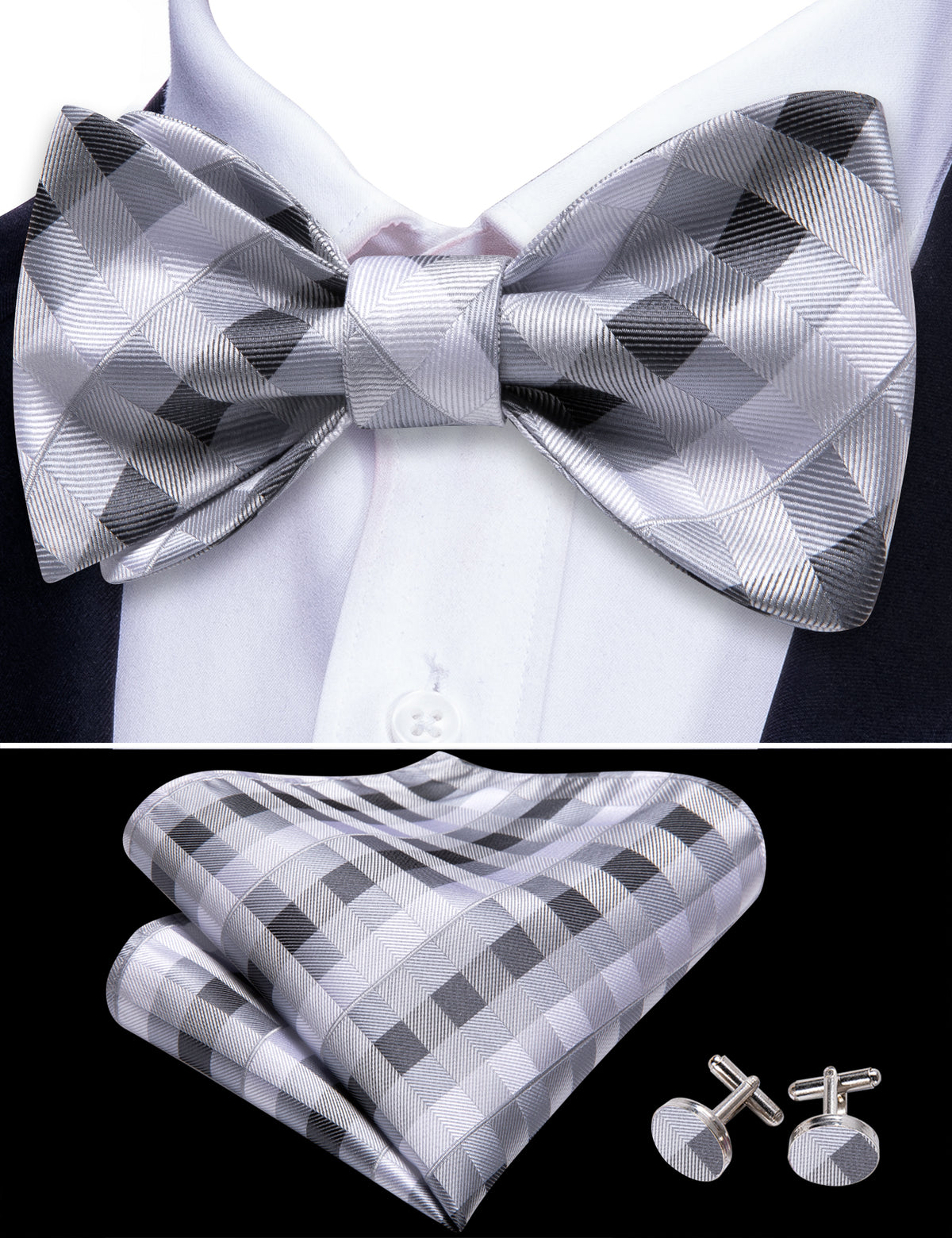 Grey White Plaid Bow Tie Set bow ties - Sophisticated Gentlemen