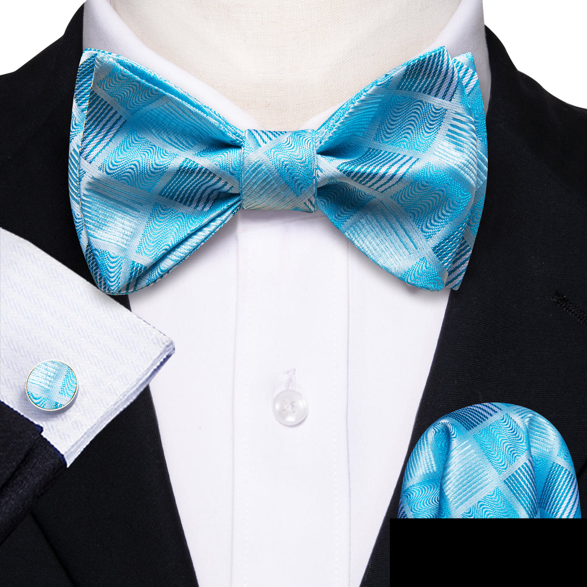 Sky Blue Plaid Bow Tie Set bow ties - Sophisticated Gentlemen