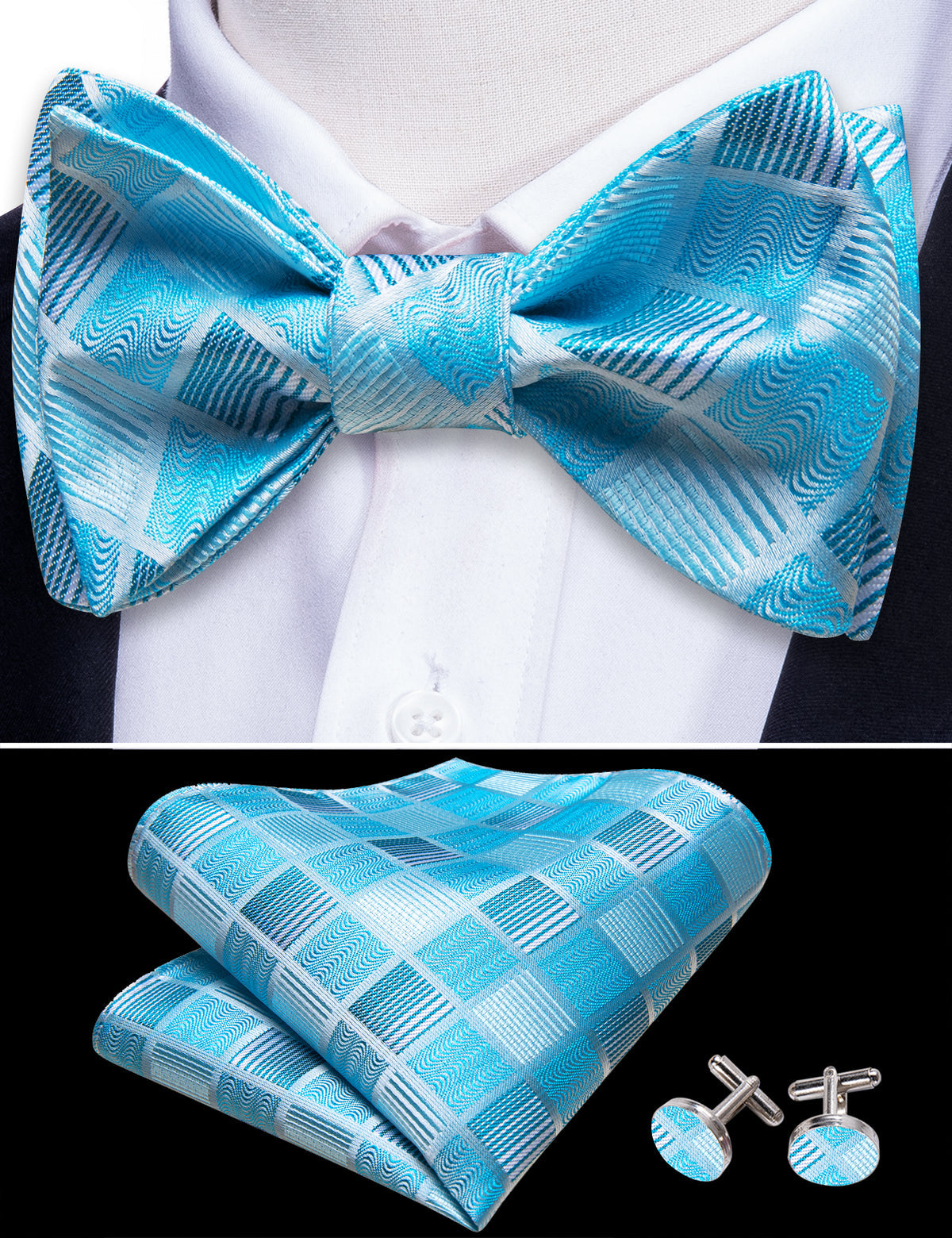 Sky Blue Plaid Bow Tie Set bow ties - Sophisticated Gentlemen
