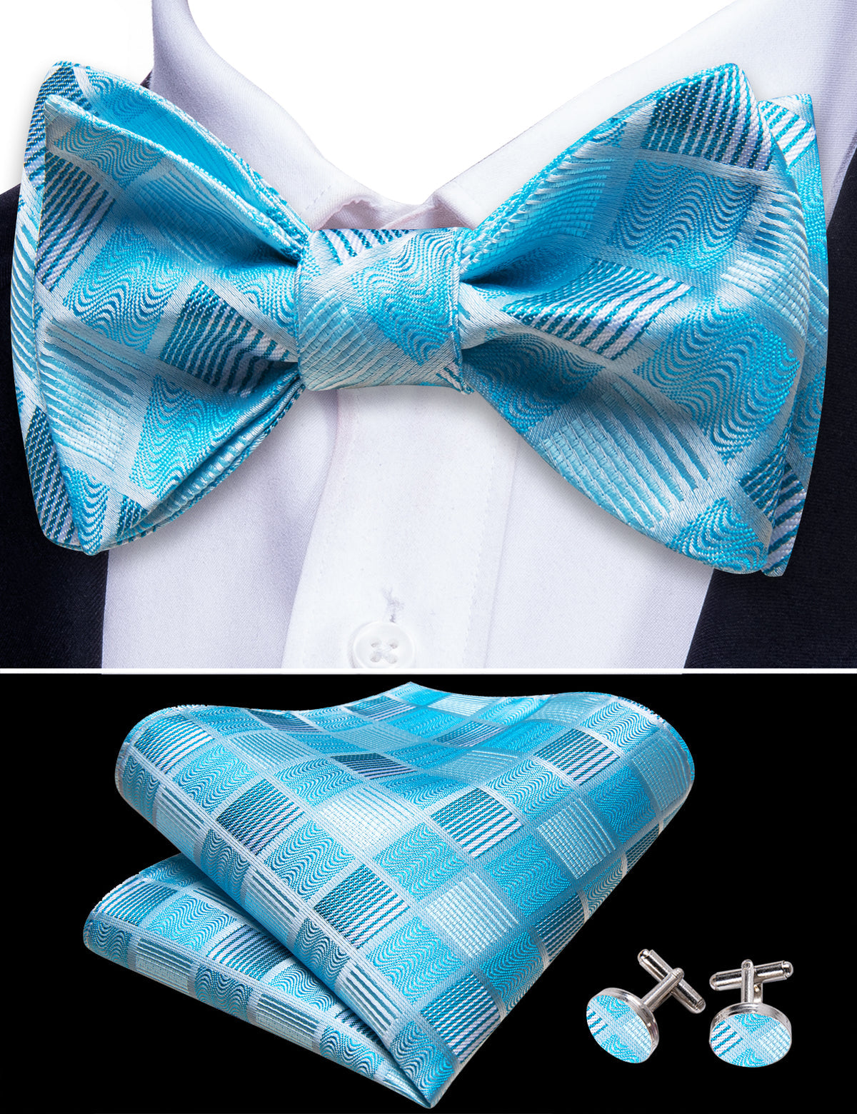 Sky Blue Plaid Bow Tie Set bow ties - Sophisticated Gentlemen