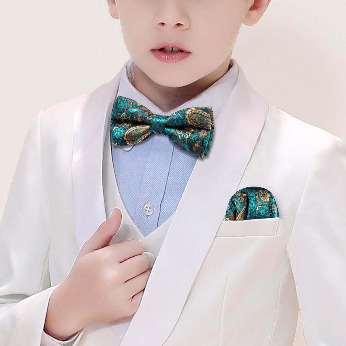 Teal Blue Paisley Silk Children Bow Tie Set bow ties - Sophisticated Gentlemen