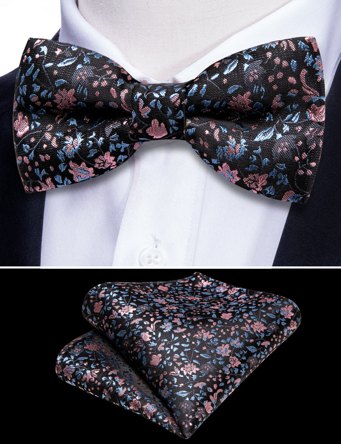 Black Pink Floral Silk Children Bow Tie Set bow ties - Sophisticated Gentlemen