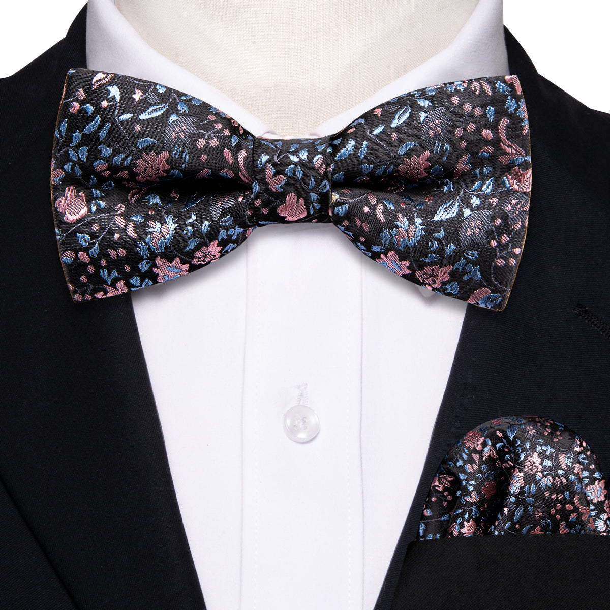 Black Pink Floral Silk Children Bow Tie Set bow ties - Sophisticated Gentlemen
