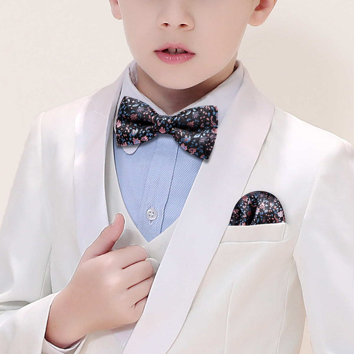 Black Pink Floral Silk Children Bow Tie Set bow ties - Sophisticated Gentlemen