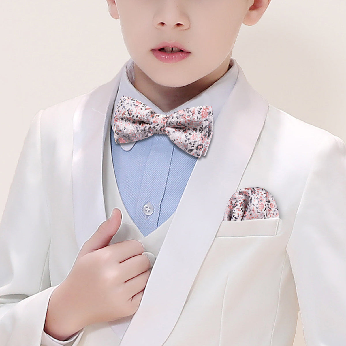 White Pink Floral Silk Children Bow Tie Set bow ties - Sophisticated Gentlemen
