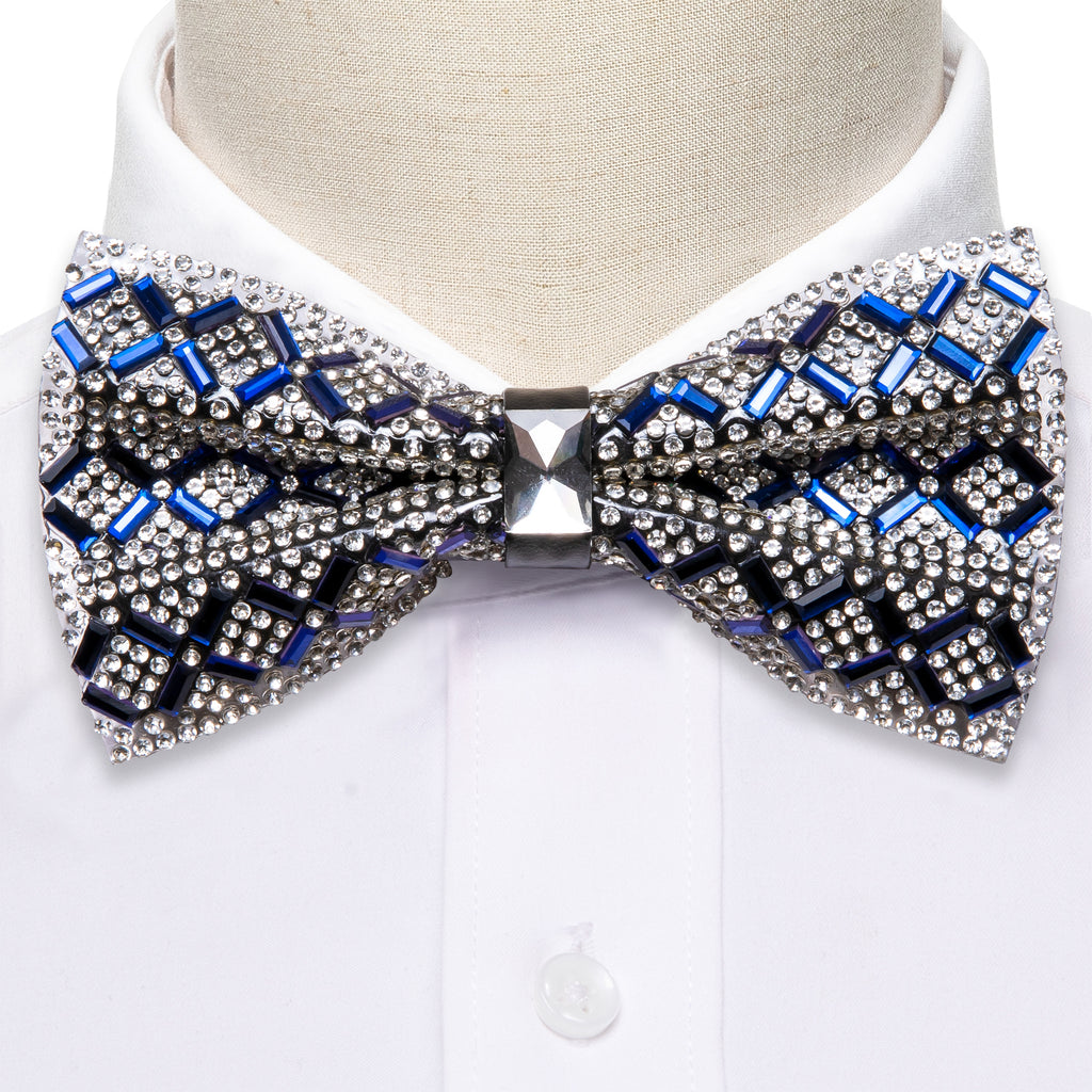 Shining Blue White Plaid Rhinestones Bow Tie Set bow ties - Sophisticated Gentlemen