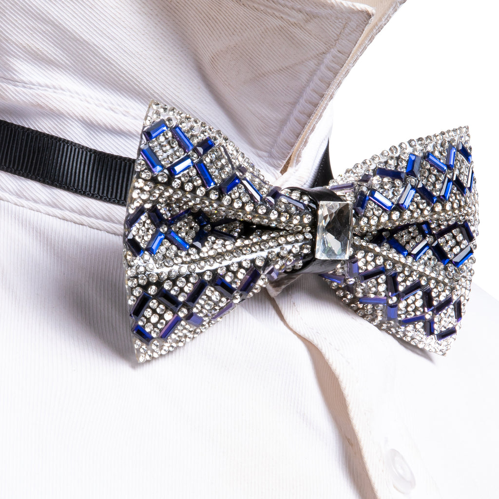 Shining Blue White Plaid Rhinestones Bow Tie Set bow ties - Sophisticated Gentlemen
