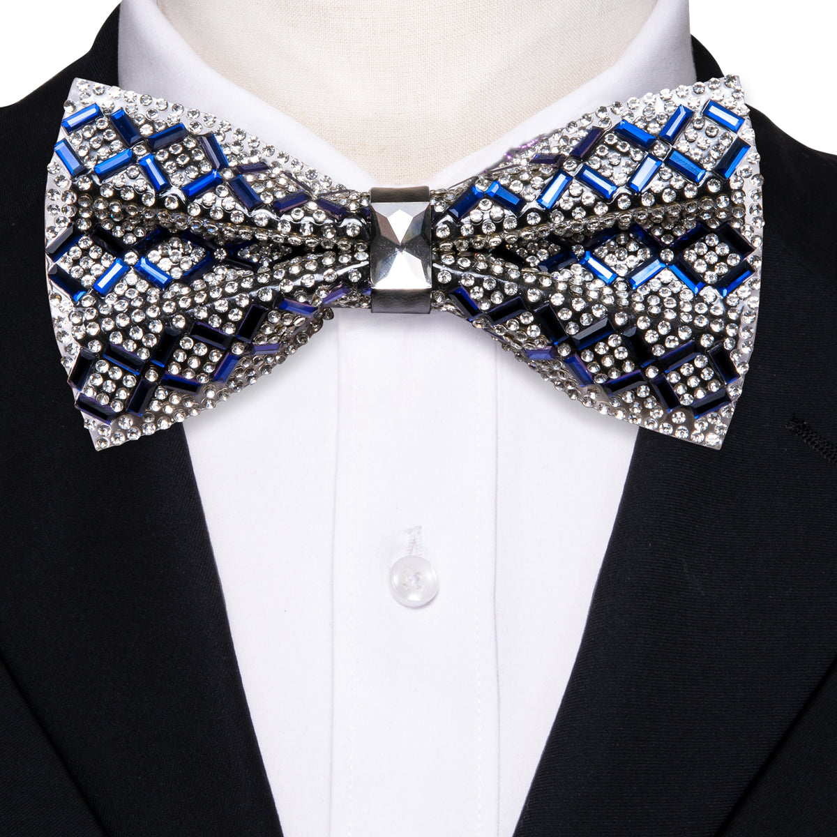 Shining Blue White Plaid Rhinestones Bow Tie Set bow ties - Sophisticated Gentlemen