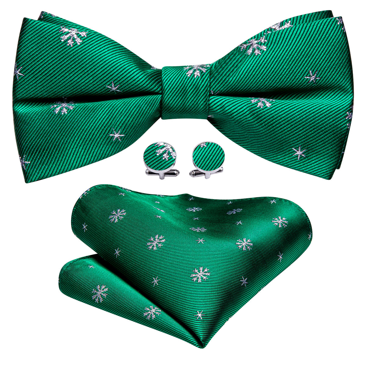 Green White Snowflake Silk Christmas Bow Tie Set bow ties - Sophisticated Gentlemen