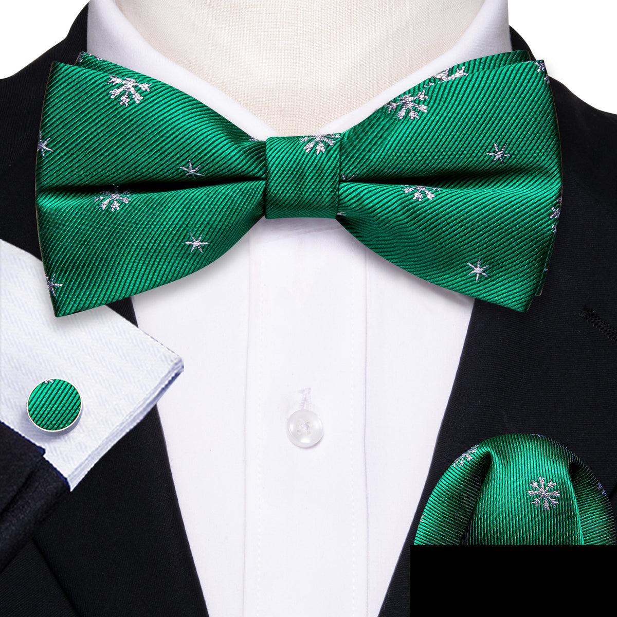 Green White Snowflake Silk Christmas Bow Tie Set bow ties - Sophisticated Gentlemen