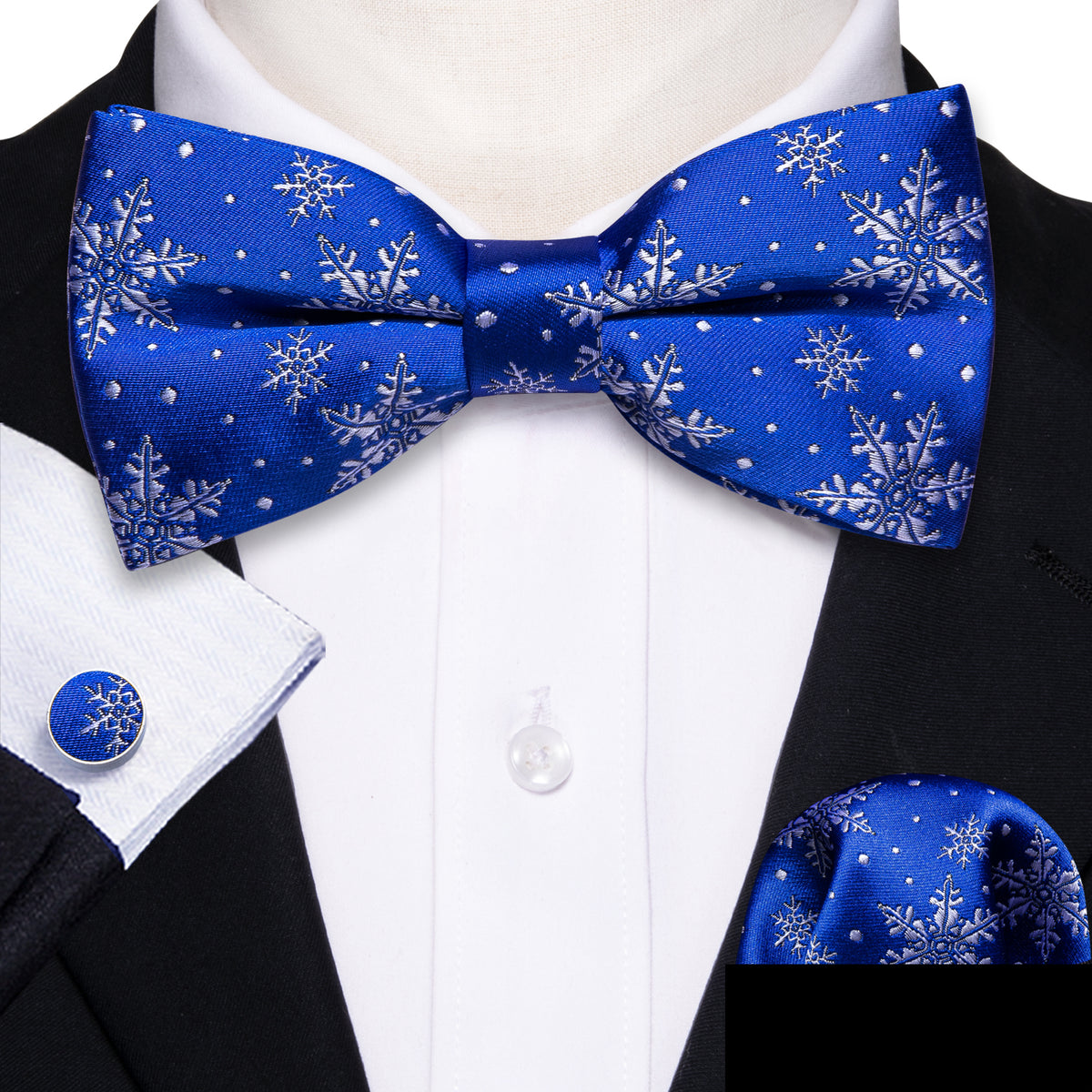Blue and White Christmas Snowflake Silk Bow Tie Set bow ties - Sophisticated Gentlemen