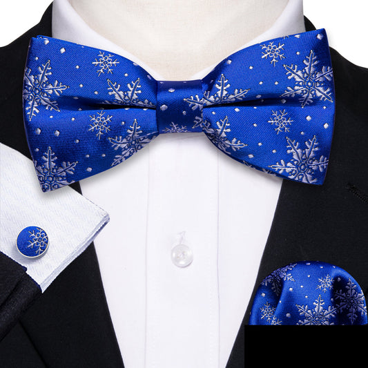 Blue and White Christmas Snowflake Silk Bow Tie Set bow ties - Sophisticated Gentlemen
